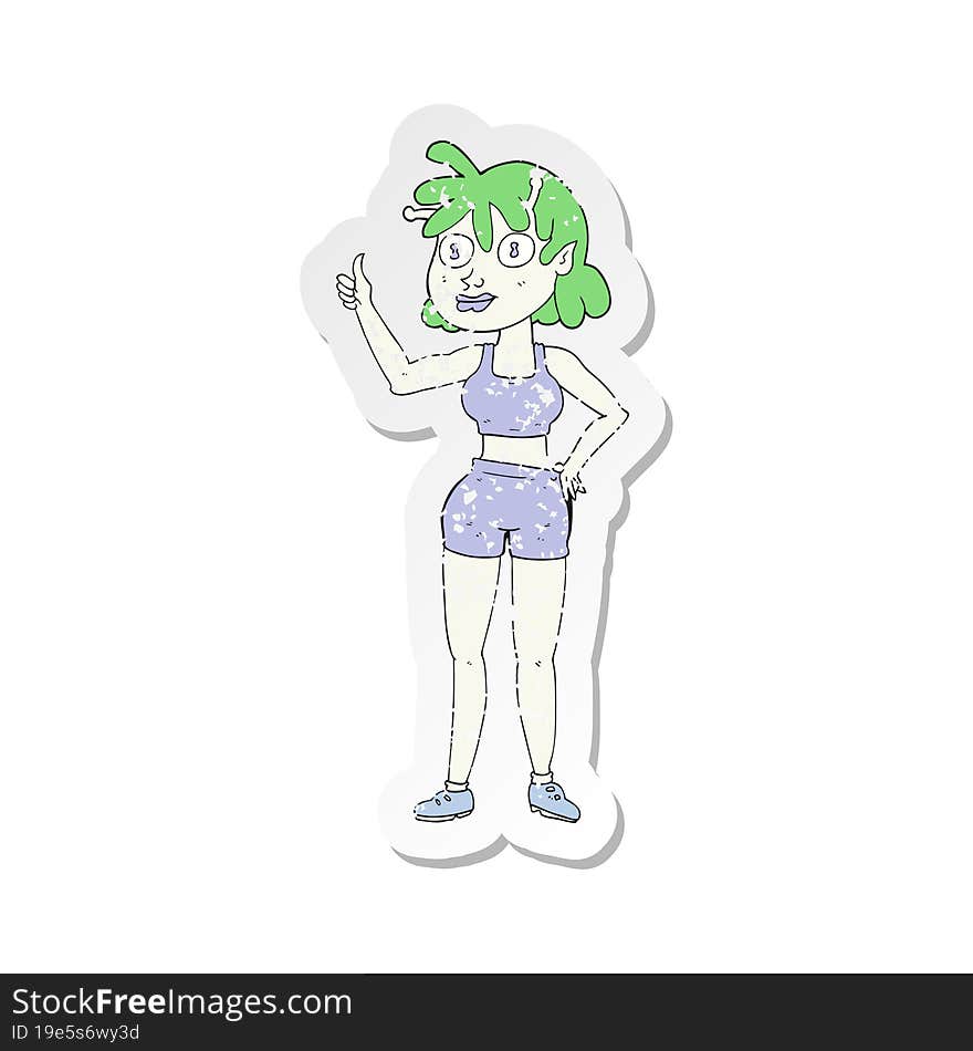 retro distressed sticker of a cartoon alien gym girl