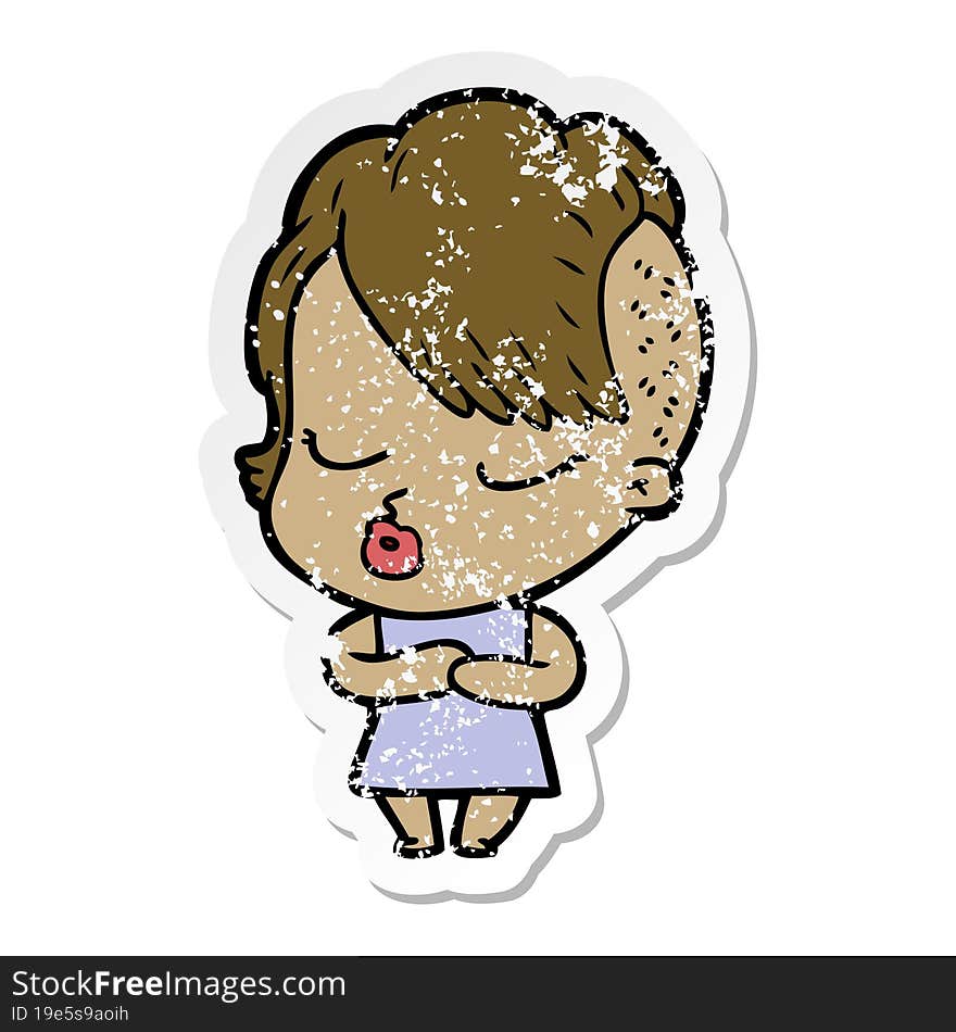 Distressed Sticker Of A Cartoon Pretty Hipster Girl