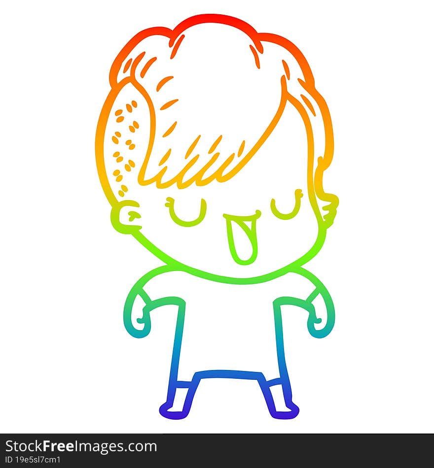 Rainbow Gradient Line Drawing Cute Cartoon Girl With Hipster Haircut