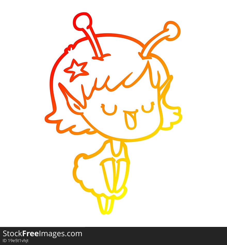 Warm Gradient Line Drawing Happy Alien Girl Cartoon