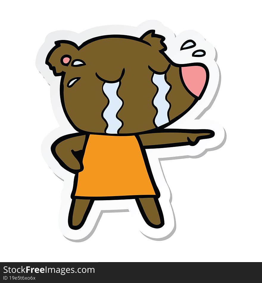 sticker of a cartoon crying bear in dress pointing