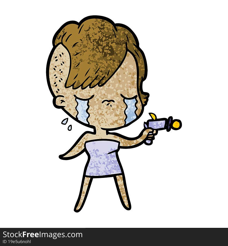 cartoon crying girl pointing ray gun. cartoon crying girl pointing ray gun