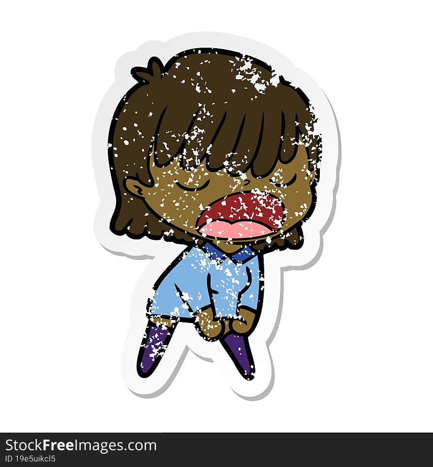 distressed sticker of a cartoon woman talking loudly