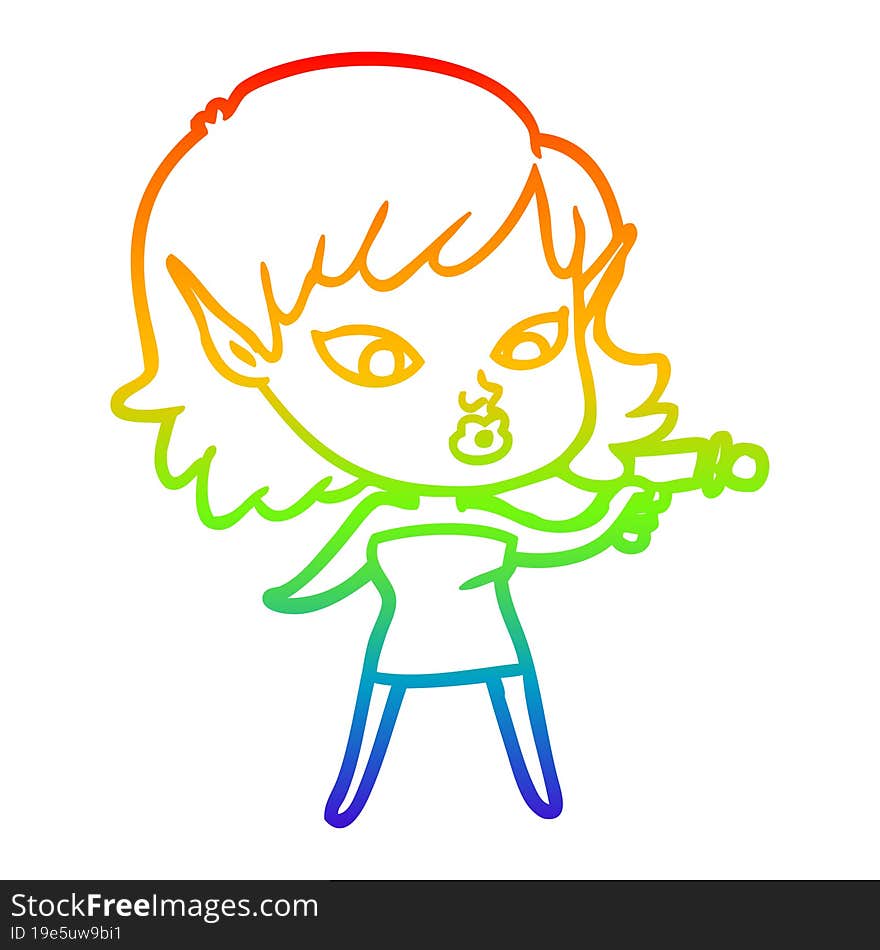 rainbow gradient line drawing of a pretty cartoon girl with ray gun