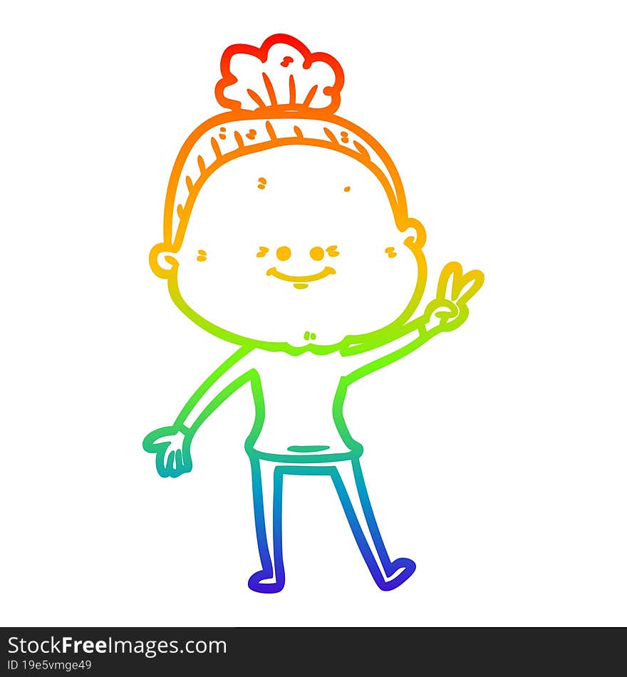 rainbow gradient line drawing of a cartoon happy old woman