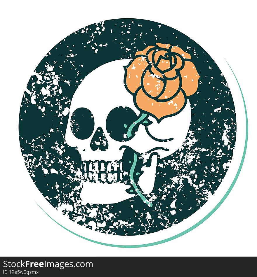 iconic distressed sticker tattoo style image of a skull and rose. iconic distressed sticker tattoo style image of a skull and rose