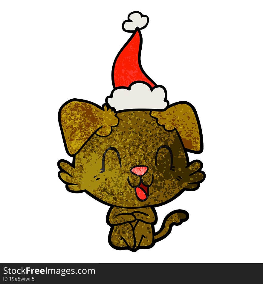 laughing textured cartoon of a dog wearing santa hat