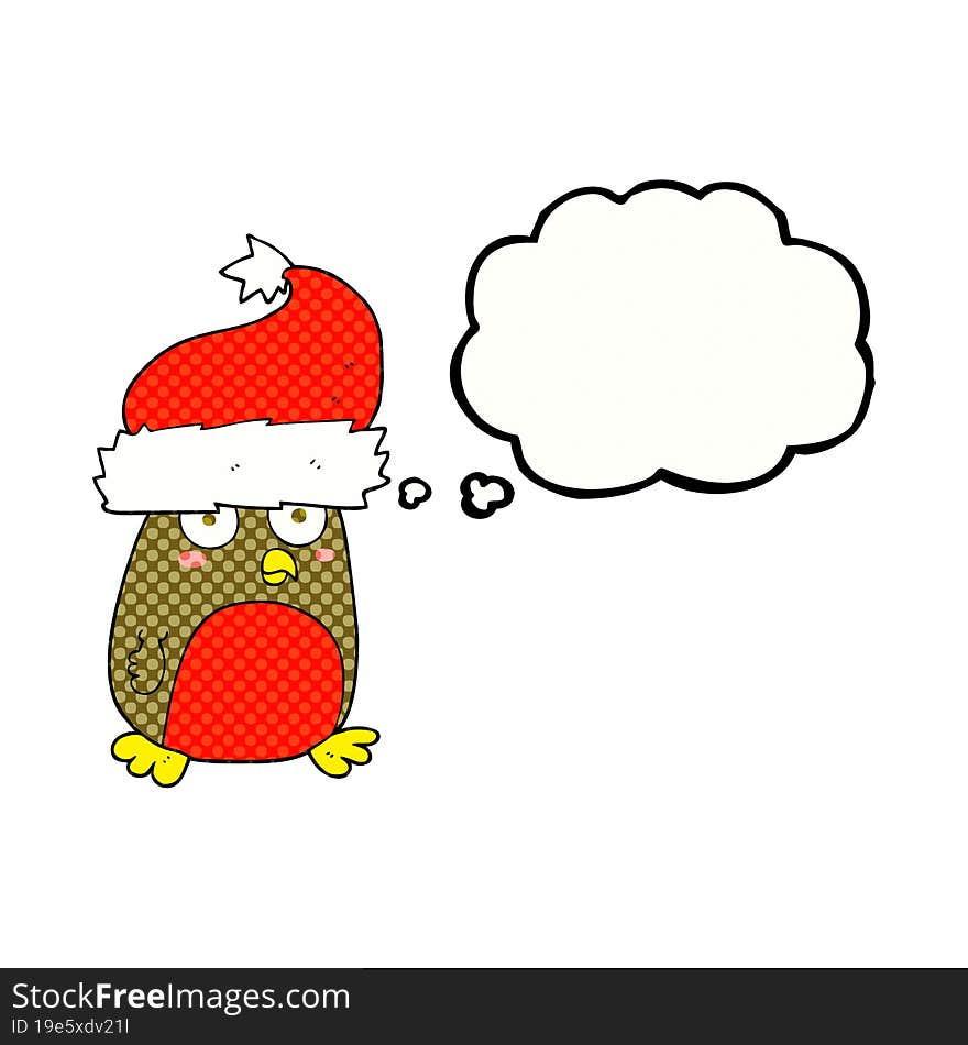 Thought Bubble Cartoon Christmas Robin Wearing Santa Hat