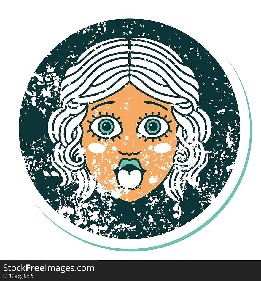 iconic distressed sticker tattoo style image of female face sticking out tongue. iconic distressed sticker tattoo style image of female face sticking out tongue