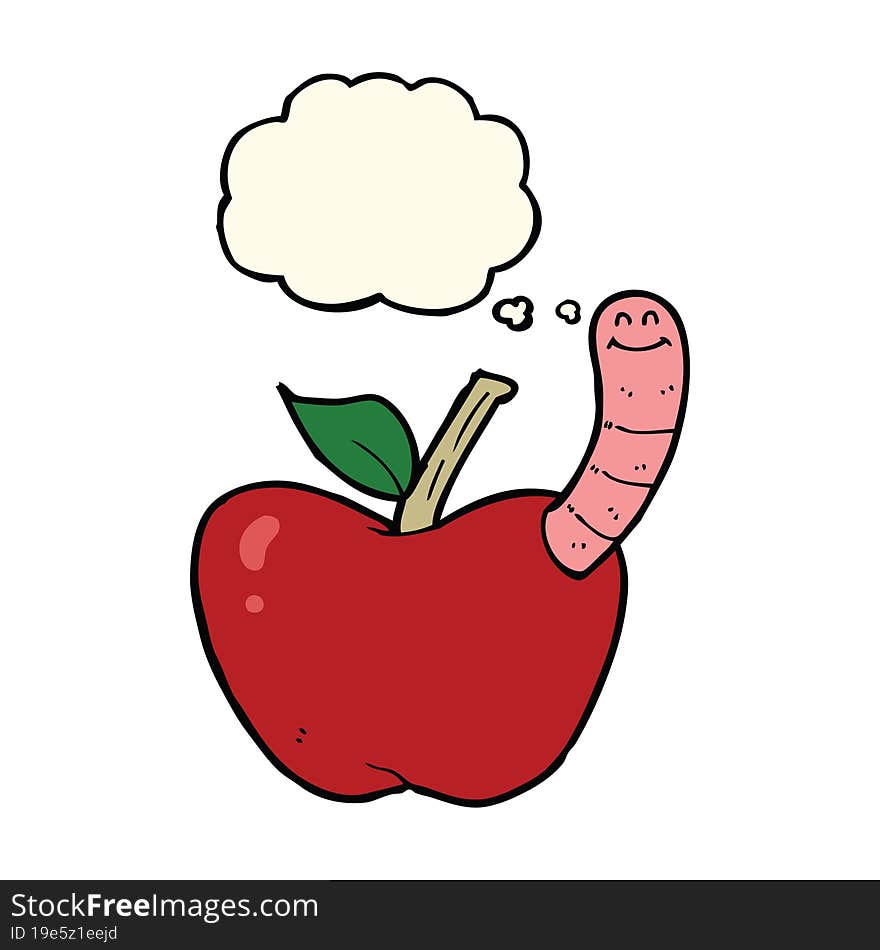 cartoon apple with worm with thought bubble