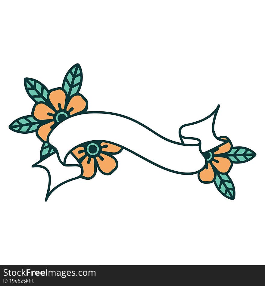 iconic tattoo style image of a banner and flowers. iconic tattoo style image of a banner and flowers