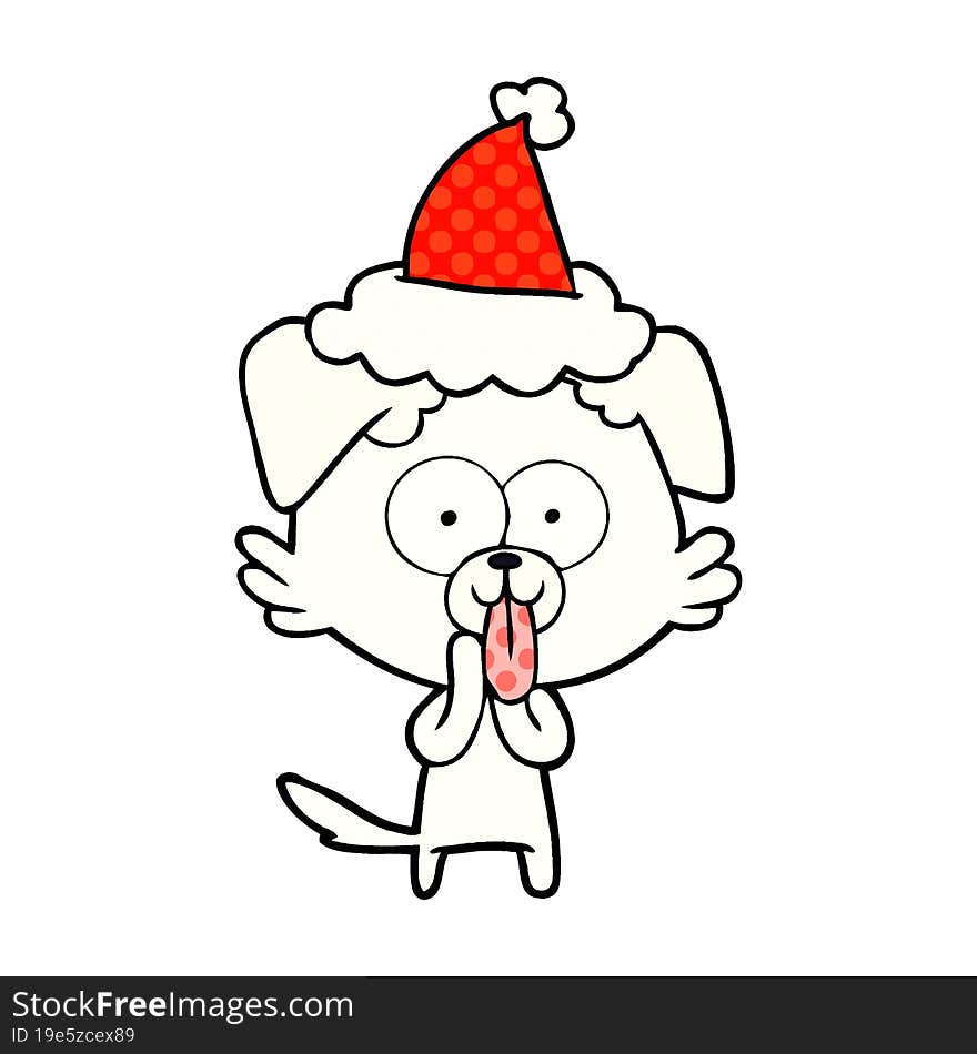 Comic Book Style Illustration Of A Dog With Tongue Sticking Out Wearing Santa Hat