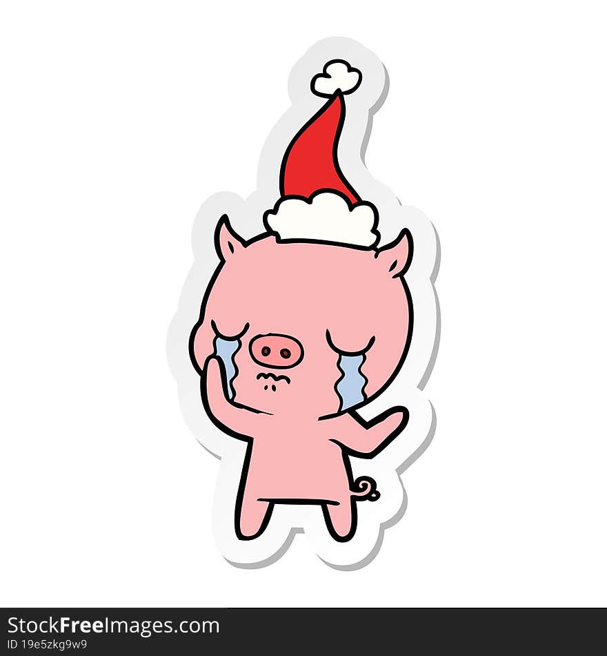 Sticker Cartoon Of A Pig Crying Wearing Santa Hat