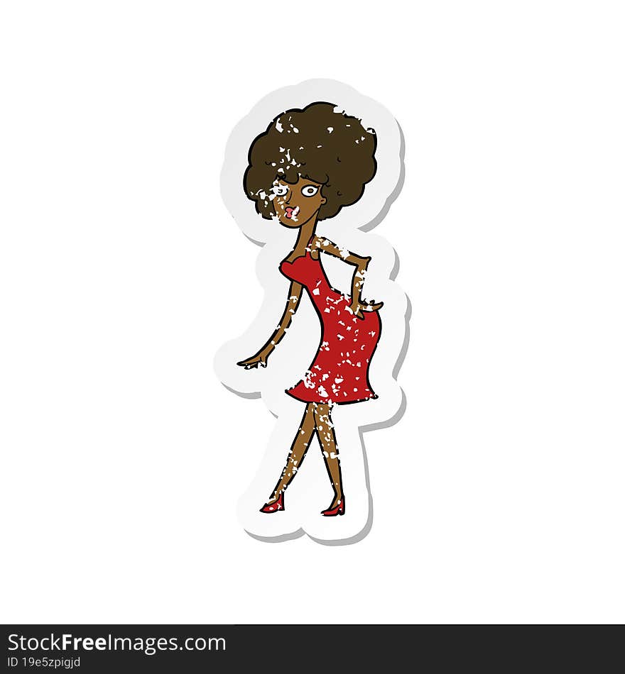 retro distressed sticker of a cartoon woman posing in dress