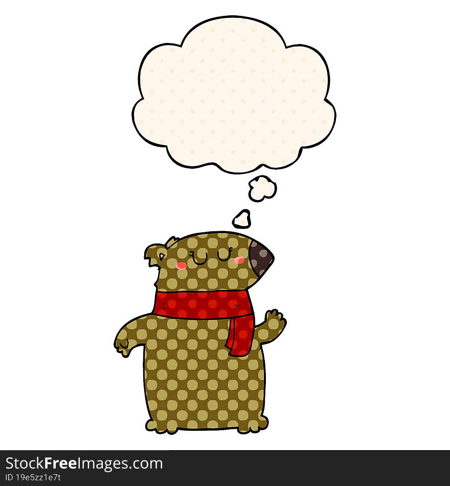 cartoon bear with scarf and thought bubble in comic book style