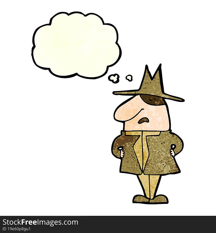 cartoon man in coat and hat with thought bubble