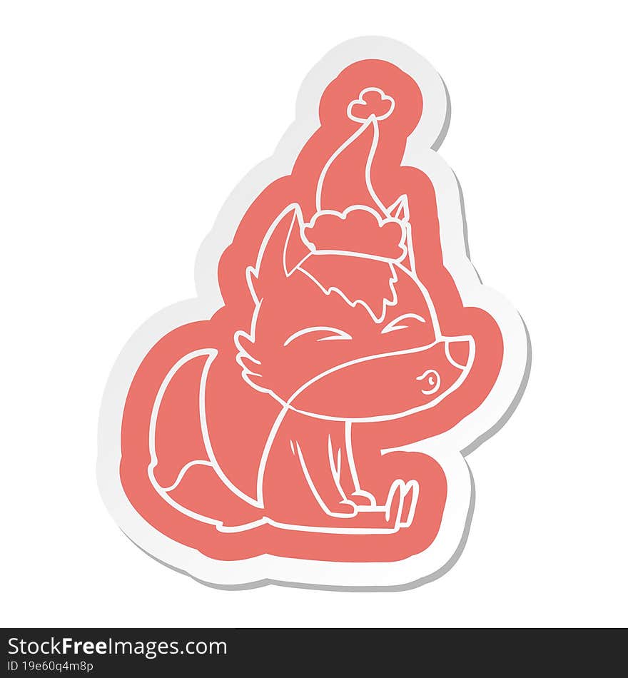 cartoon  sticker of a wolf whistling wearing santa hat