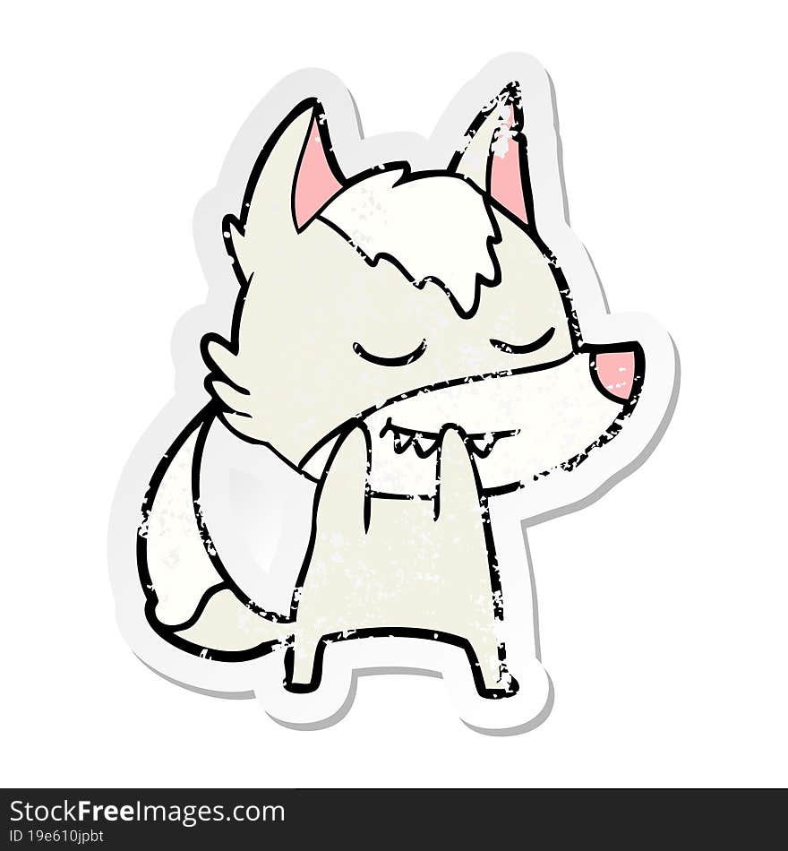 distressed sticker of a laughing cartoon wolf