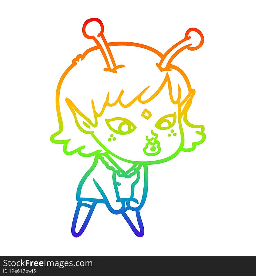 rainbow gradient line drawing pretty cartoon alien girl