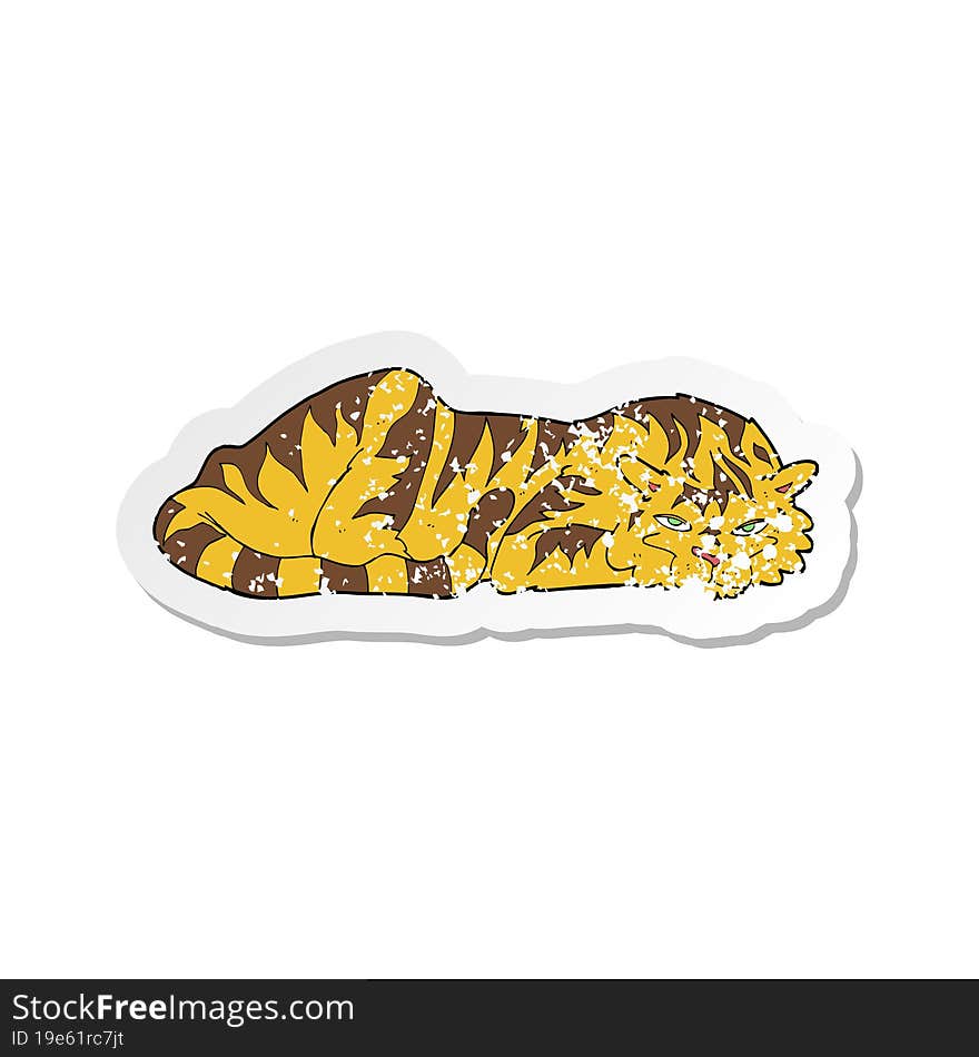 retro distressed sticker of a cartoon resting tiger