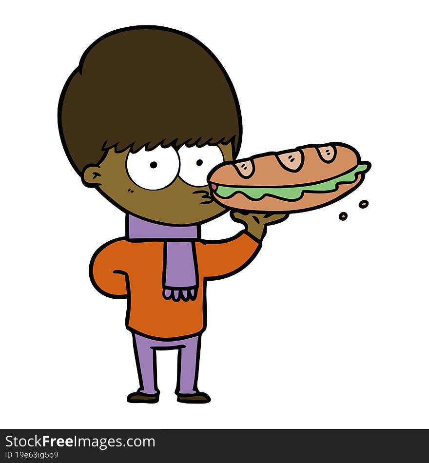 nervous cartoon boy with sandwich. nervous cartoon boy with sandwich