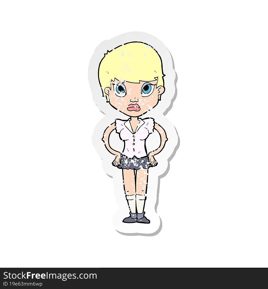 retro distressed sticker of a cartoon annoyed girl