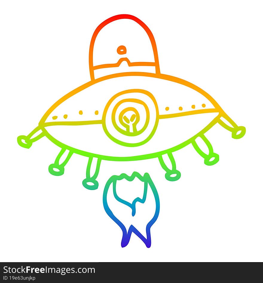 Rainbow Gradient Line Drawing Cartoon Alien Spaceship