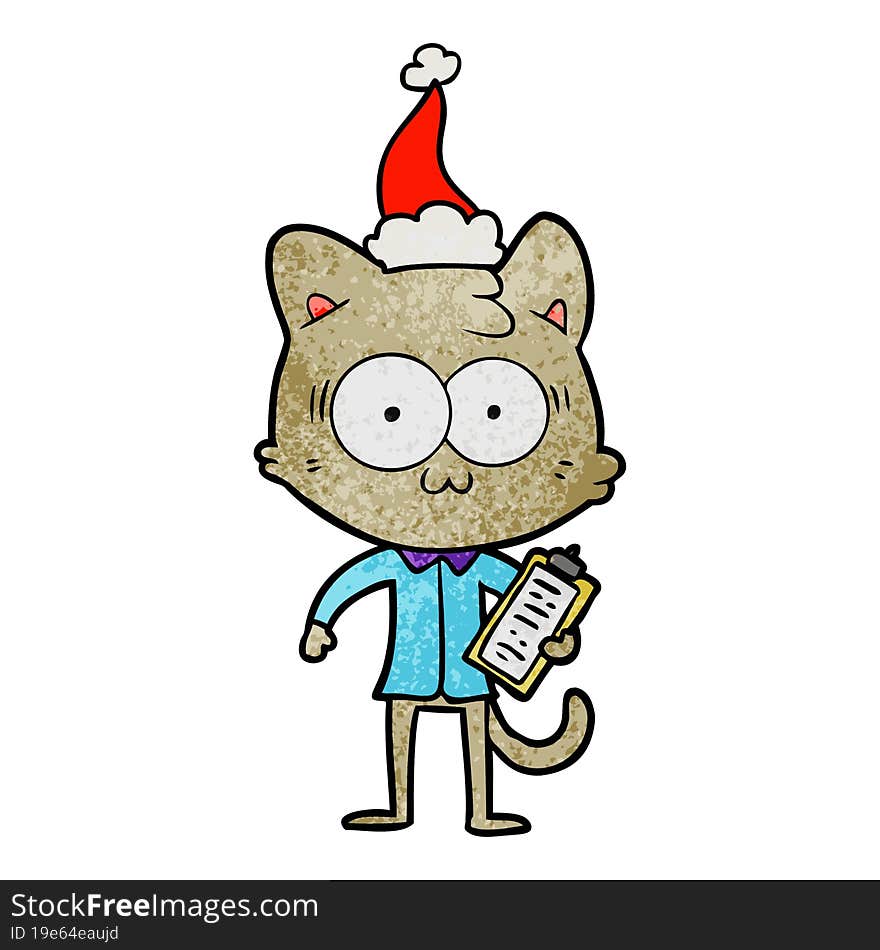 textured cartoon of a surprised office worker cat wearing santa hat