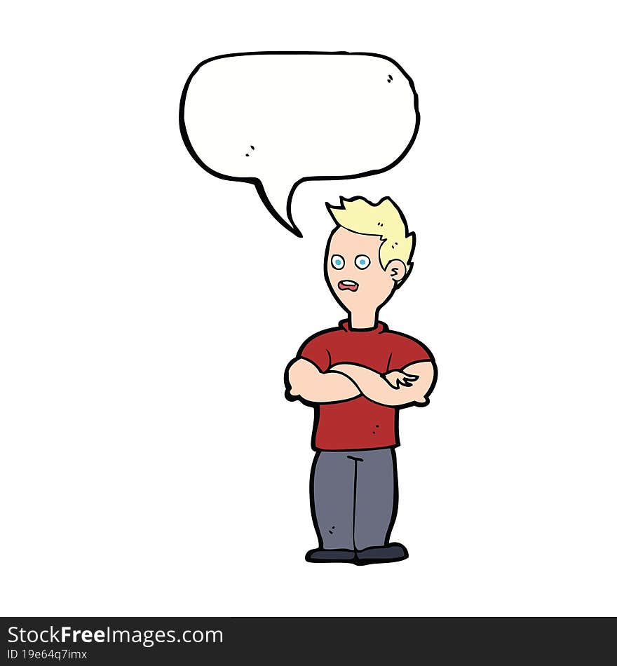 cartoon man with crossed arms with speech bubble