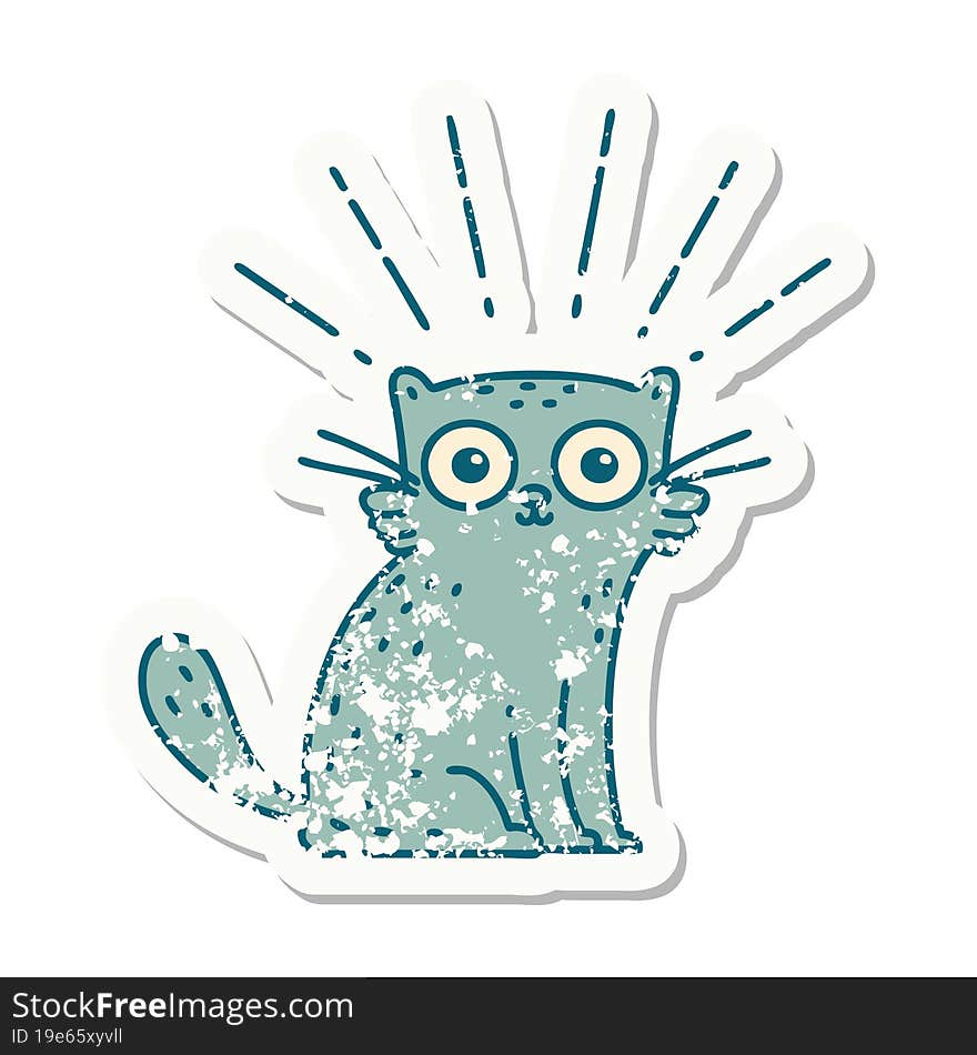 grunge sticker of tattoo style surprised cat