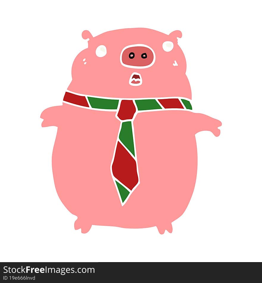 Flat Color Style Cartoon Pig Wearing Office Tie