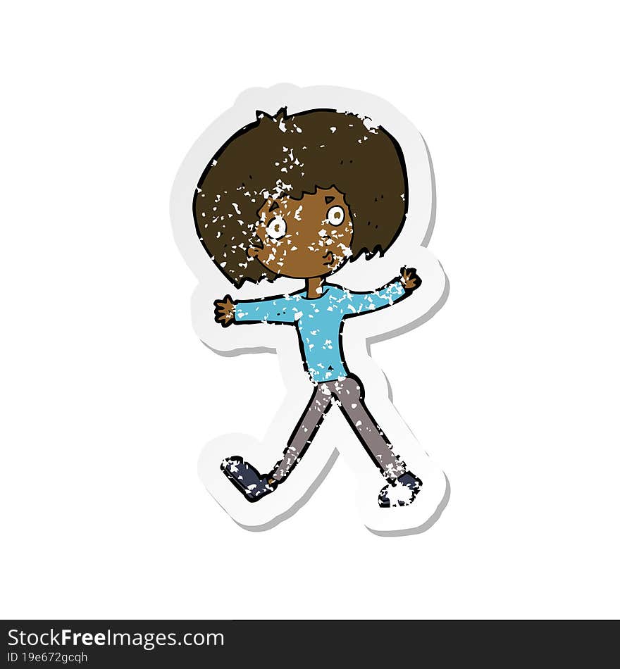 Retro Distressed Sticker Of A Cartoon Surprised Man Walking