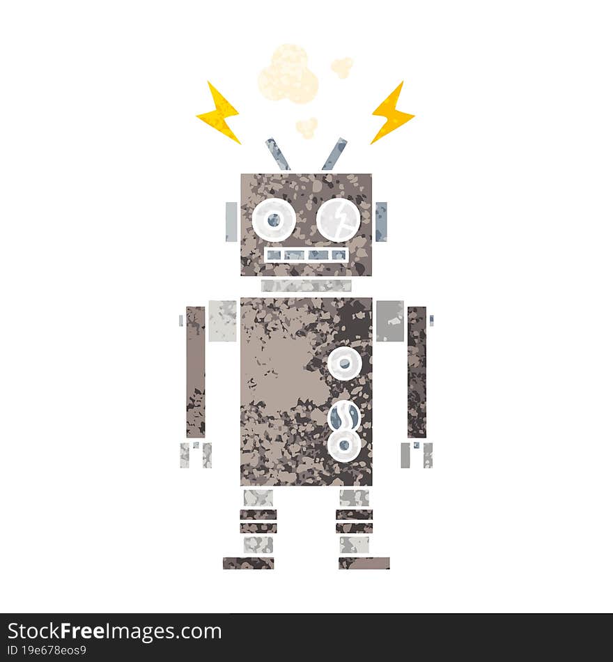 retro illustration style cartoon malfunctioning robot