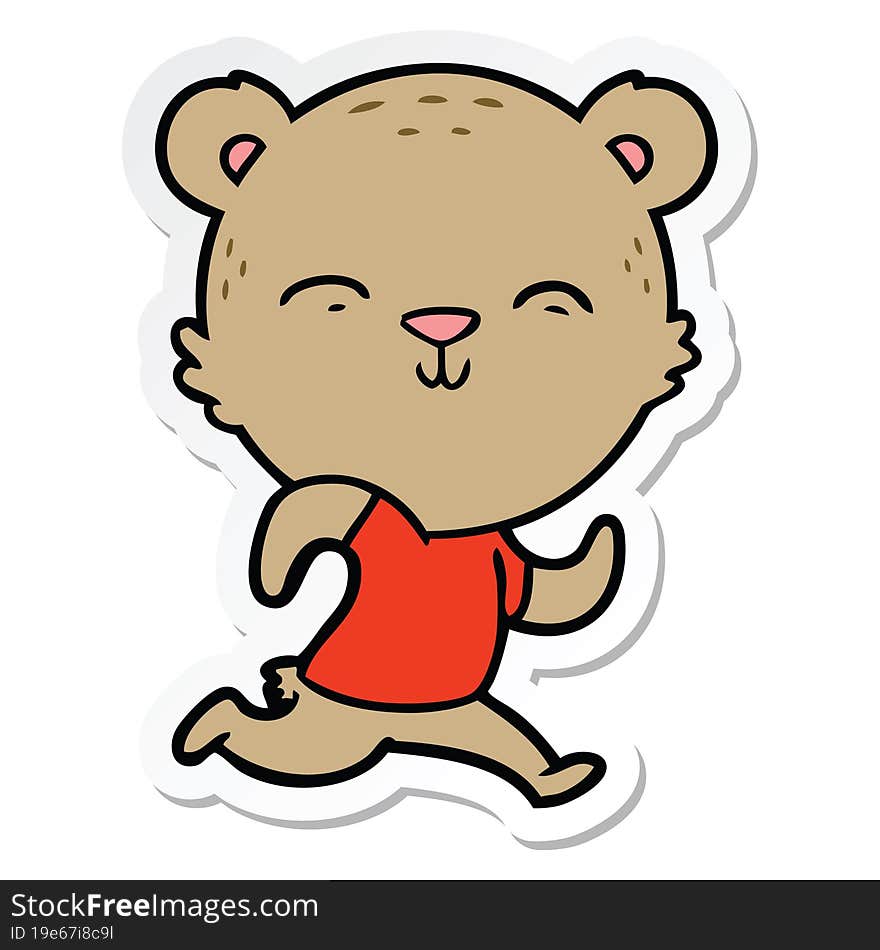 sticker of a happy cartoon bear jogging