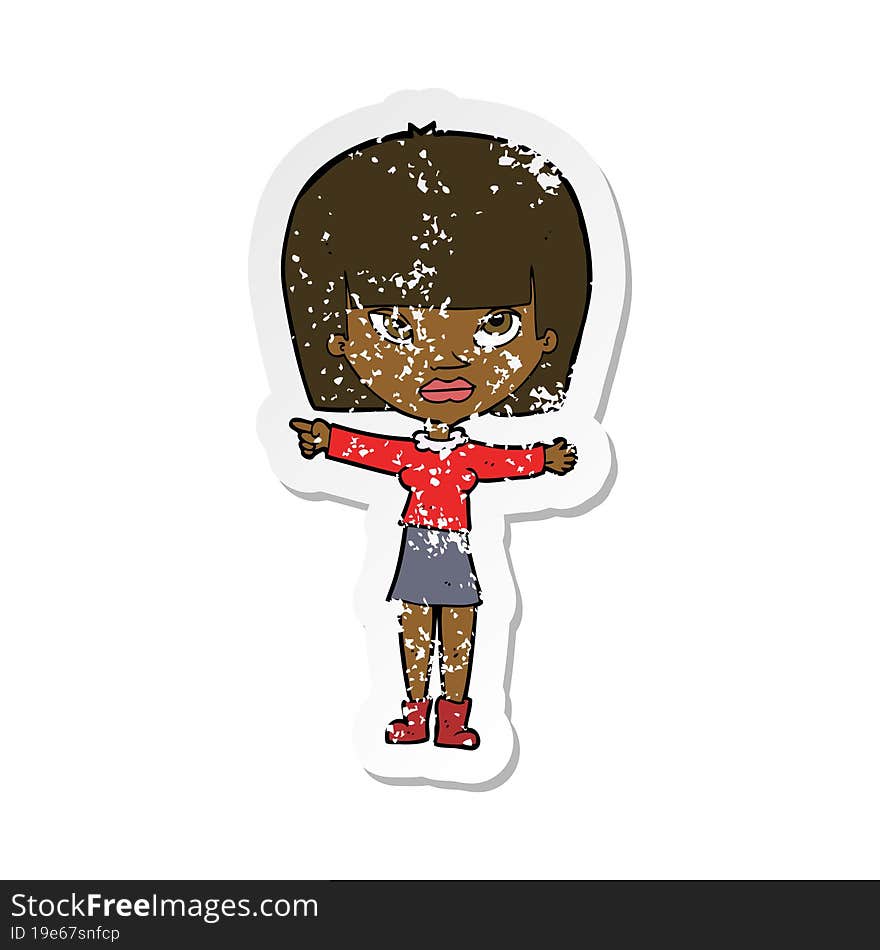 retro distressed sticker of a cartoon woman pointing