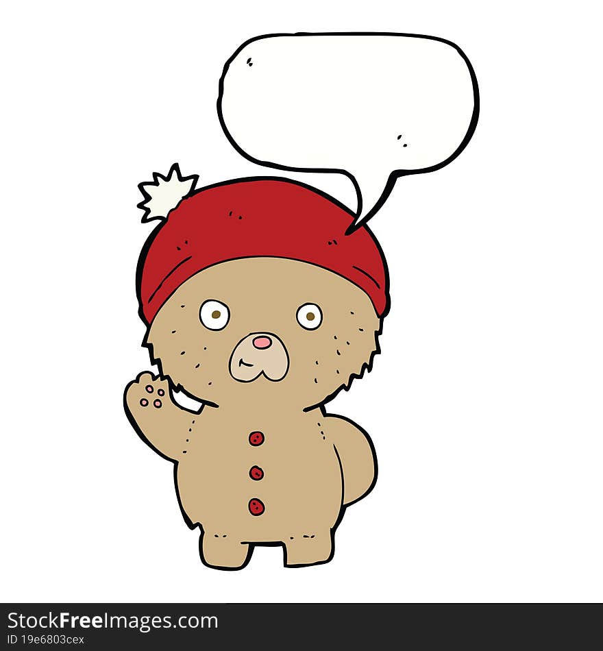 cartoon waving teddy bear in winter hat with speech bubble