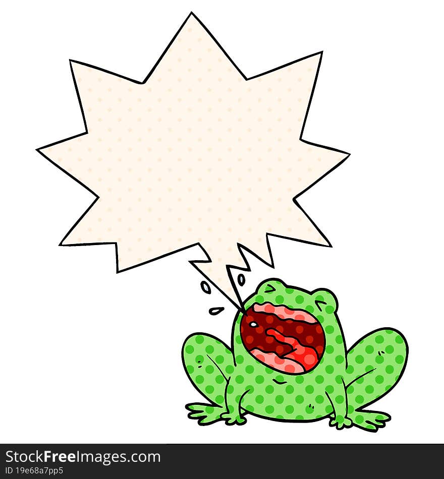 cartoon frog shouting with speech bubble in comic book style