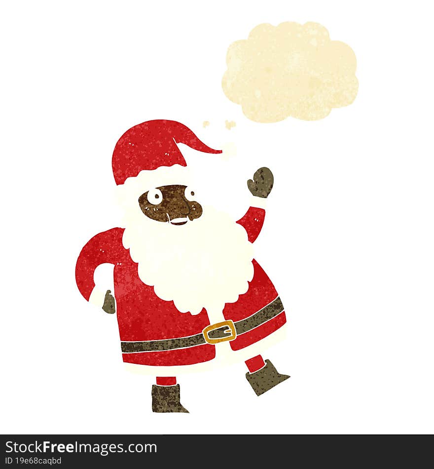 funny waving santa claus cartoon with thought bubble