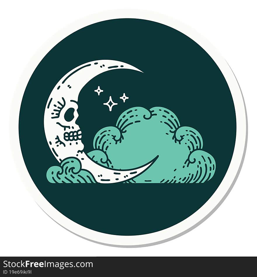 Tattoo Style Sticker Of A Skull Crescent Moon And Clouds