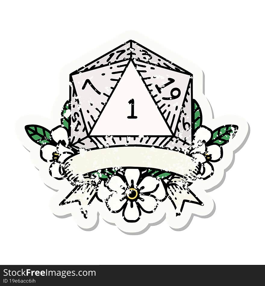 grunge sticker of a natural one d20 dice roll. grunge sticker of a natural one d20 dice roll