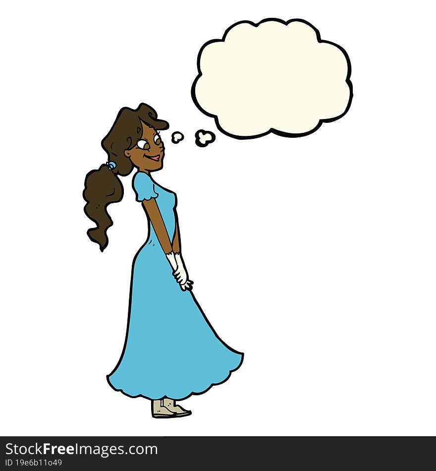 cartoon pretty woman in dress with thought bubble