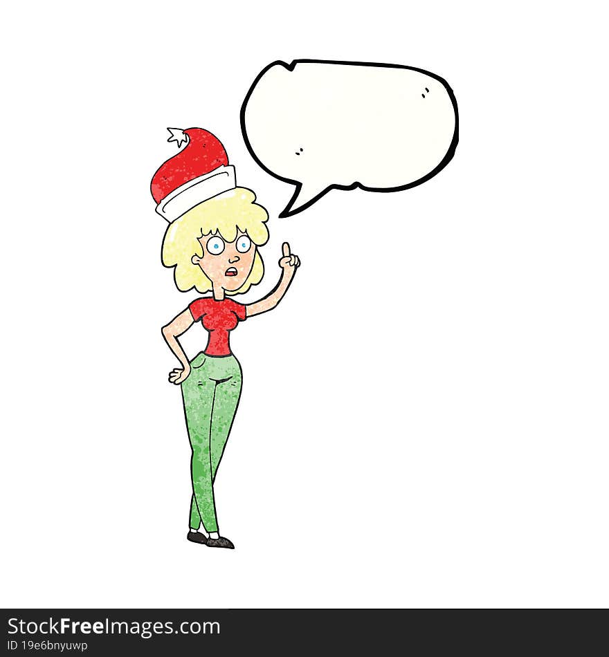 speech bubble textured cartoon woman wearing santa hat