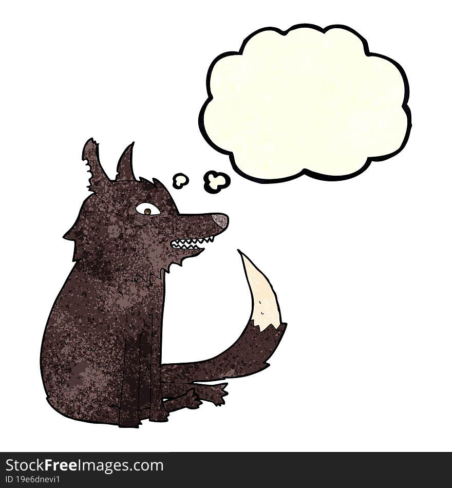 cartoon wolf sitting with thought bubble