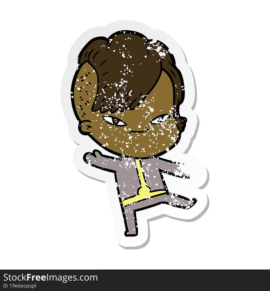 Distressed Sticker Of A Cute Cartoon Girl With Hipster Haircut