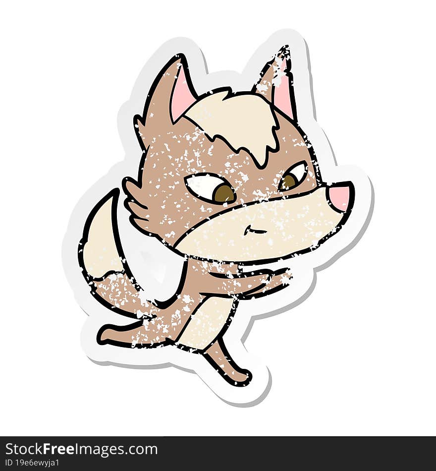 distressed sticker of a friendly cartoon wolf running