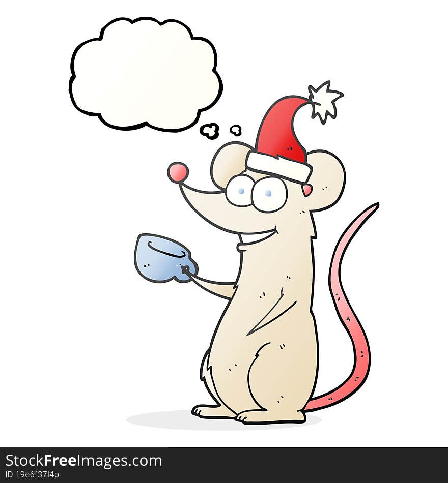 freehand drawn thought bubble cartoon mouse wearing christmas hat