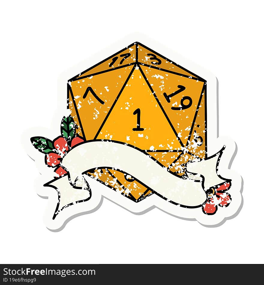 grunge sticker of a natural one d20 dice roll. grunge sticker of a natural one d20 dice roll