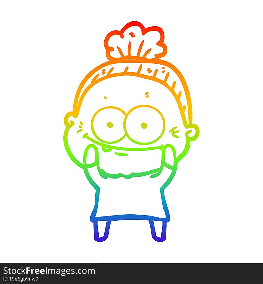 rainbow gradient line drawing of a cartoon happy old woman