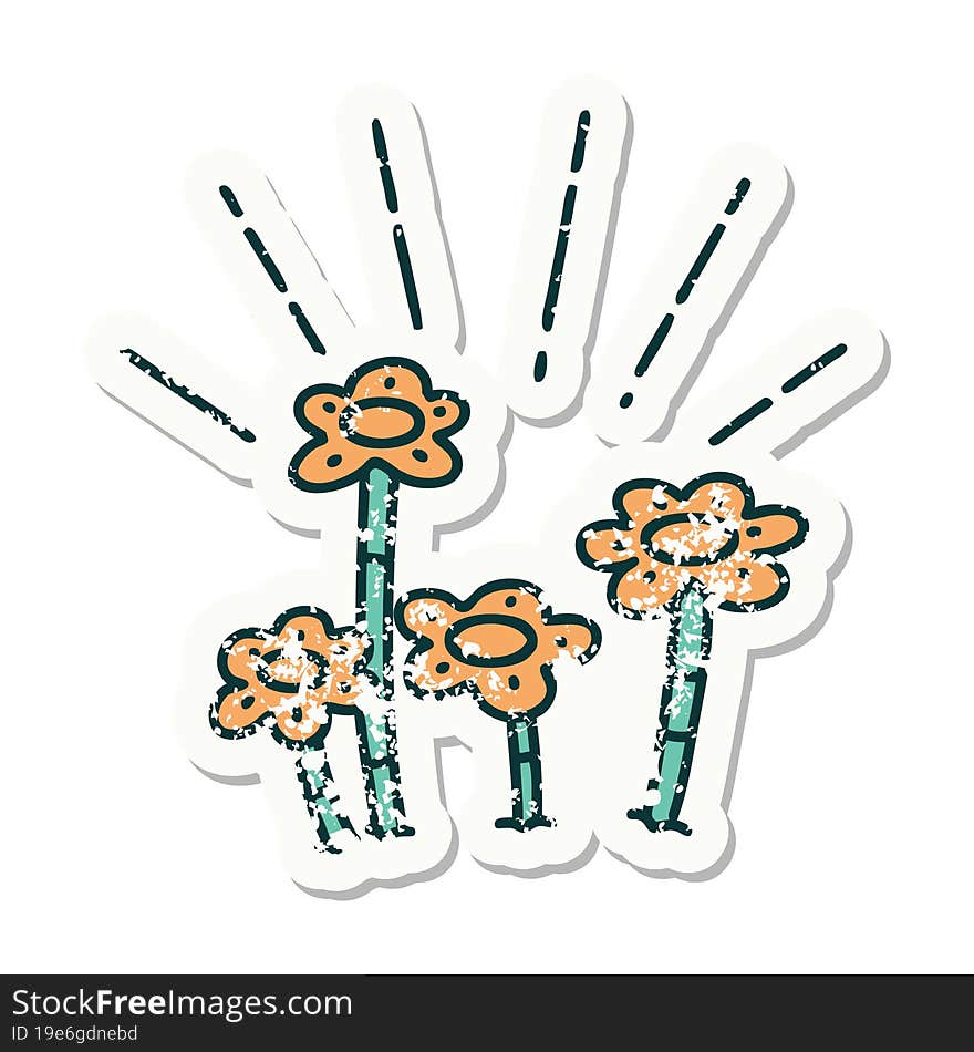 grunge sticker of tattoo style flowers growing