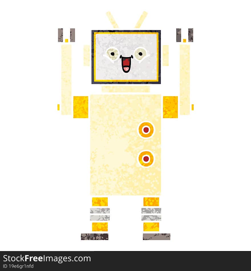 retro illustration style cartoon of a happy robot